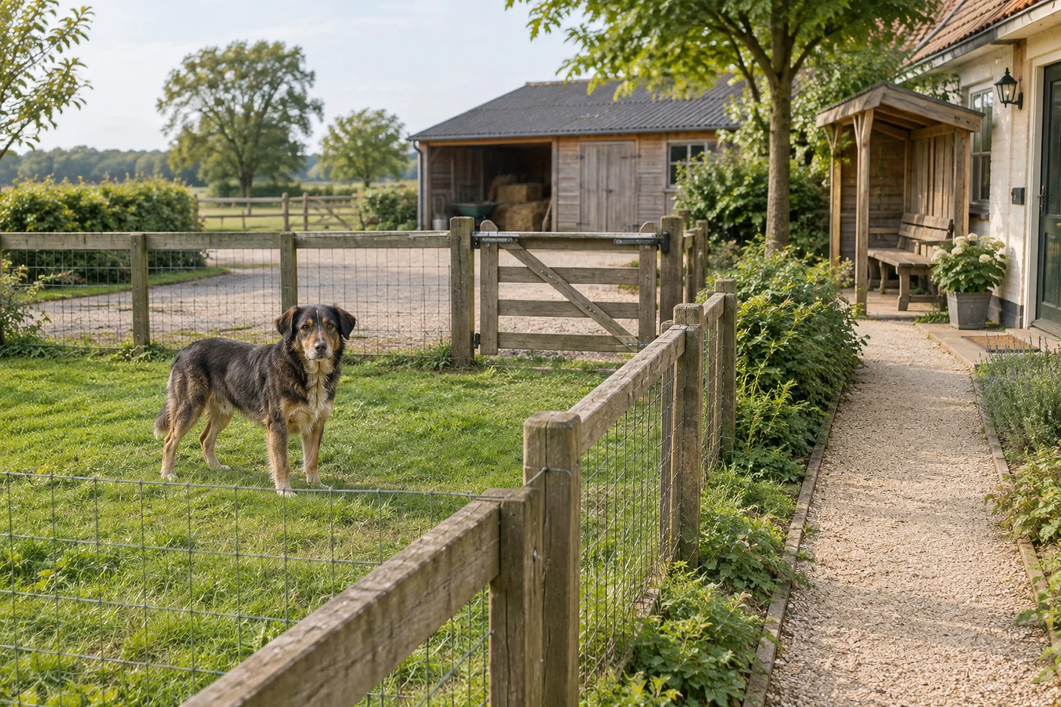 Un chien se tient sur l’herbe à l’intérieur d’une clôture en poteaux de bois et grillage, à côté d’un chemin de gravier séparé, dans une exploitation agricole.