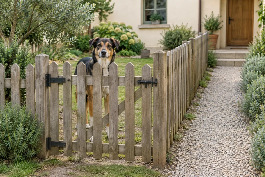 Chien derrière un portail de jardin en bois fermé, à côté d’une allée gravillonnée menant à la porte d’entrée.