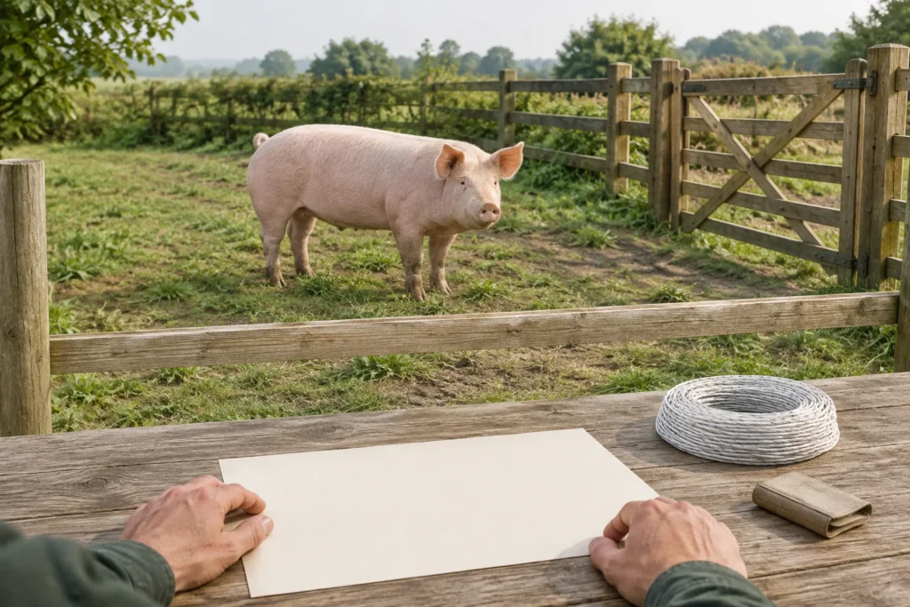 Un porc rose se tient dans un enclos près d’une clôture en bois. Sur une table se trouvent une feuille de papier vierge et un fil enroulé.