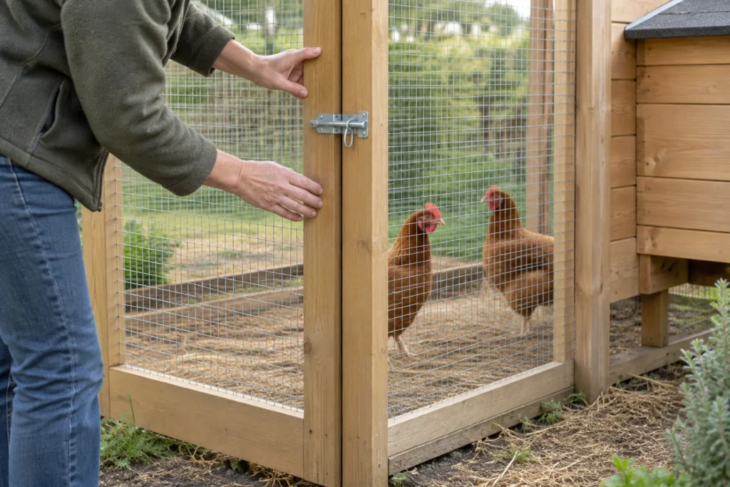 Une personne vérifie la porte fermée d’un enclos à poules en bois. Deux poules brunes se tiennent derrière le grillage, à côté d’un abri de nuit.