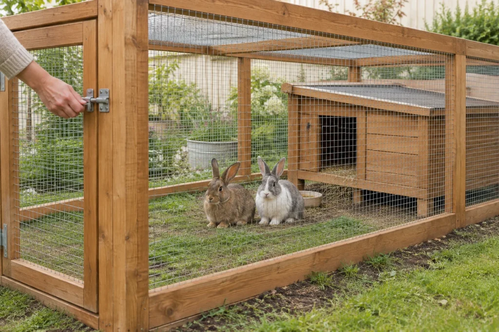 Deux lapins dans un enclos en bois grillagé, avec un dessus couvert et un abri ; une main touche la fermeture de la petite porte.