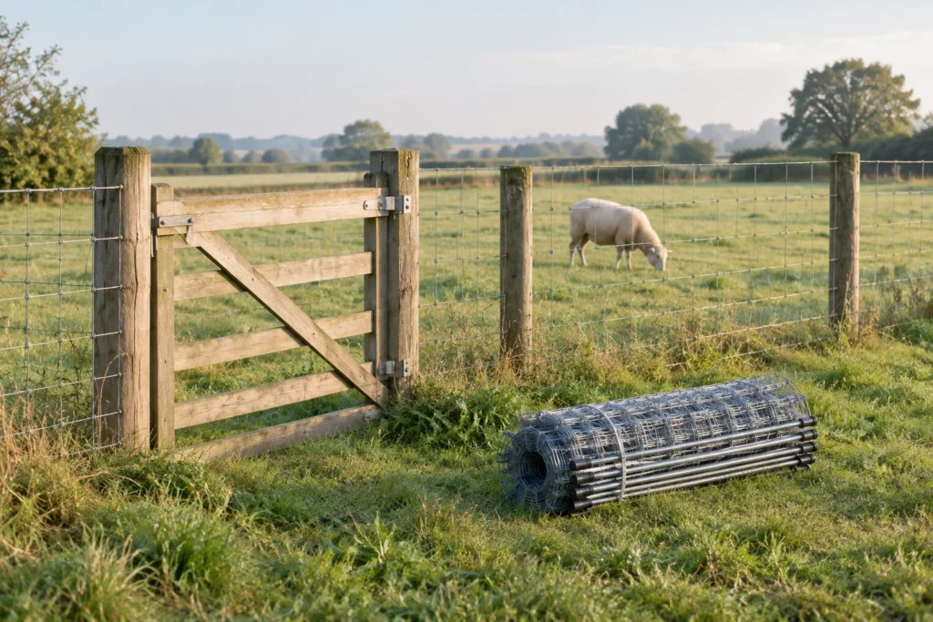 Clôture en bois avec grillage le long d’une prairie pour moutons, filet enroulé sur l’herbe et mouton en train de paître derrière la clôture.