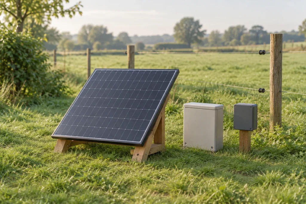 Panneau solaire sur un support en bois, à côté de deux boîtiers fermés dans l’herbe, avec une clôture en arrière de la scène.