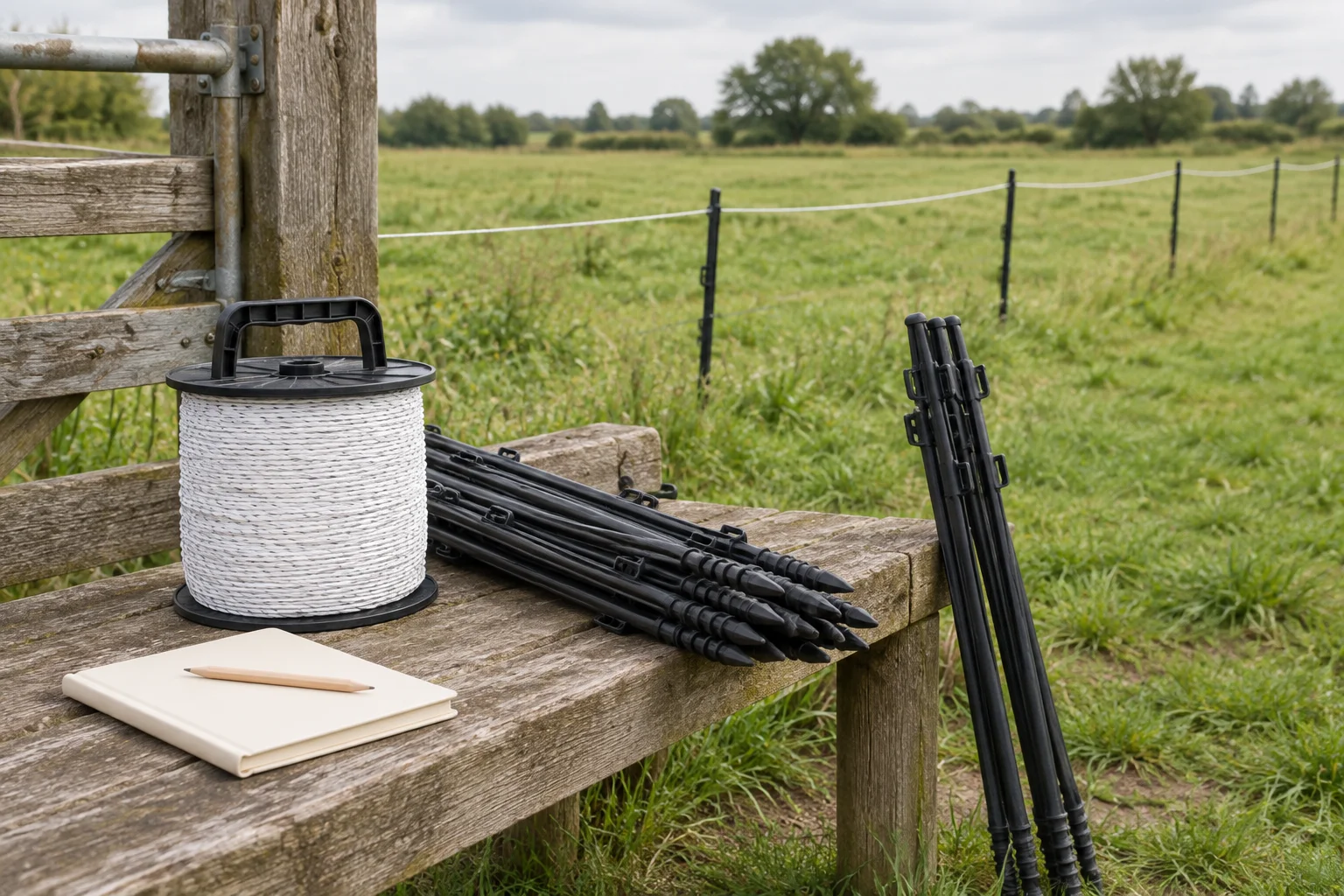 Un enrouleur avec une cordelette de clôture blanche, des piquets de clôture en plastique non installés et un carnet fermé sont posés sur un banc en bois à côté d’une pâture équipée d’une clôture temporaire.
