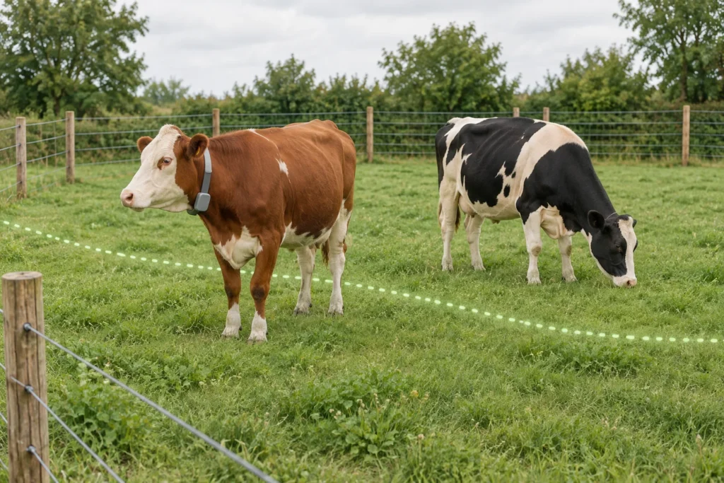 Deux bovins dans un pâturage, dont un porte un collier ; une ligne pointillée représente une clôture virtuelle.