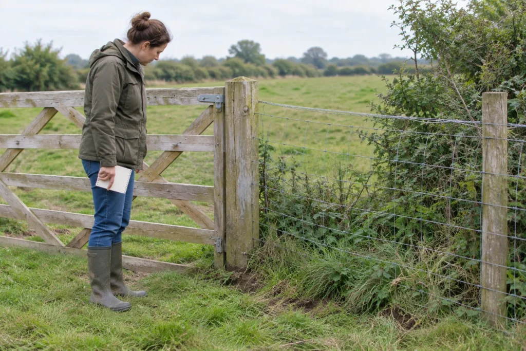 Un éleveur examine, carnet en main, le bas d’un portail en bois et une clôture en fils attenante, près d’une prairie couverte de végétation.
