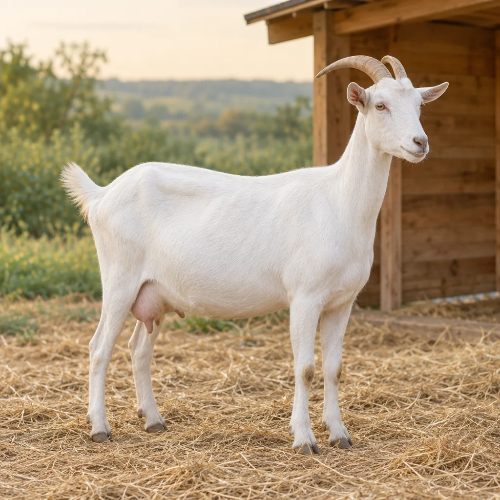 Illustration d'une chèvre blanche avec des cornes et une mamelle visible, debout sur de la paille près d'un abri en bois.