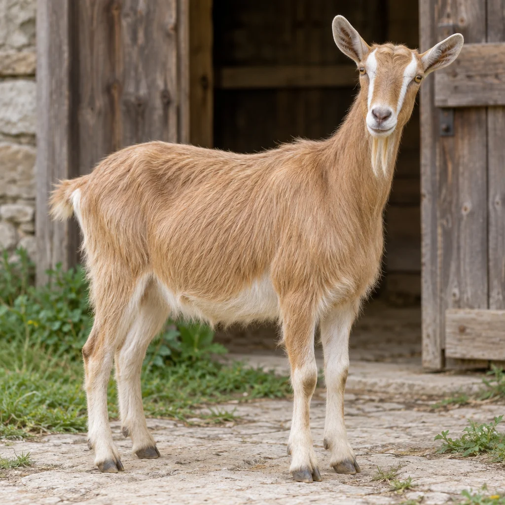 Une chèvre brun clair, avec des bandes blanches sur la tête et le dessous blanc, se tient devant une porte d'étable en bois.