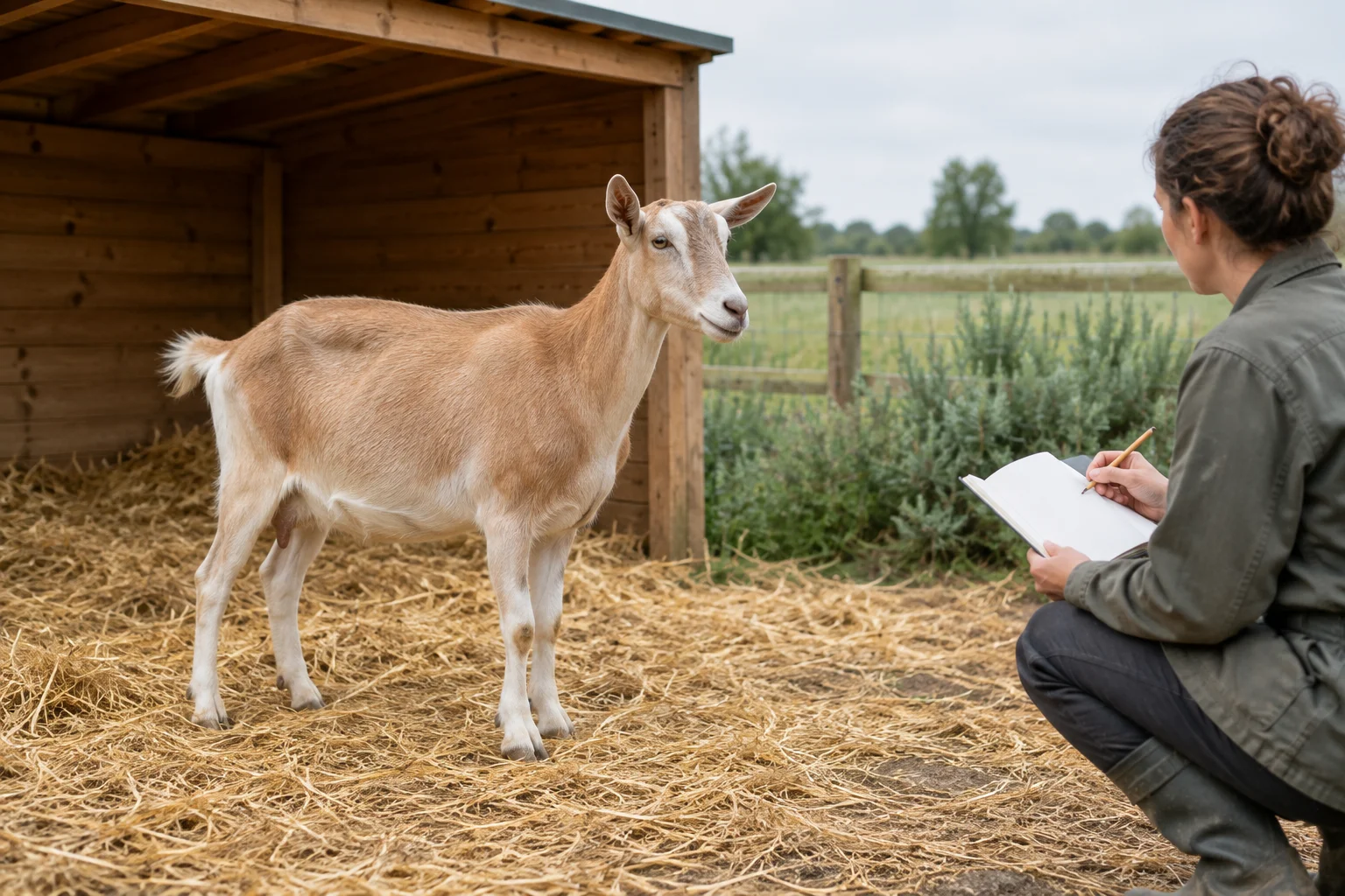 Une chèvre brun clair se tient sur de la paille à côté d’un abri en bois, tandis qu’une personne la regarde avec un carnet de notes vierge.