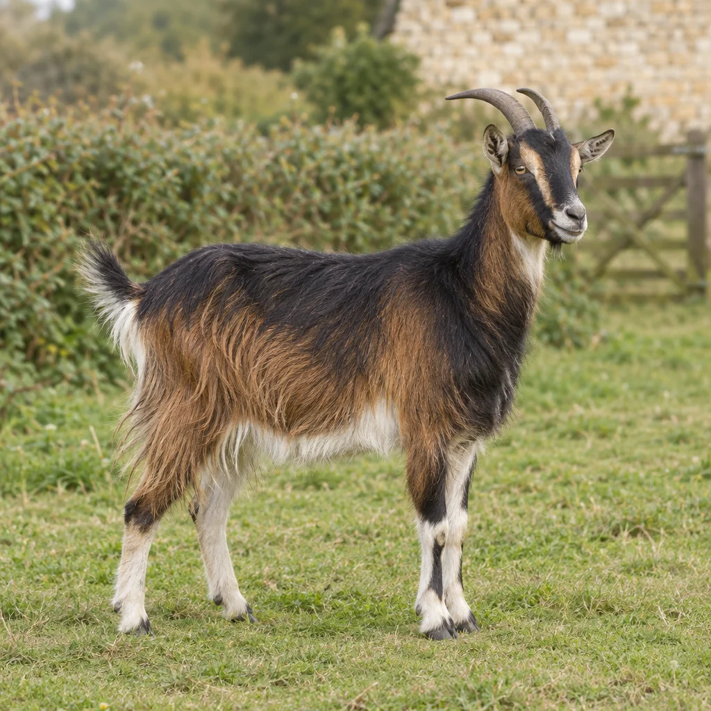 Une chèvre à poils longs, au dos sombre, aux flancs bruns et au ventre blanc, se tient dans l’herbe devant une haie.
