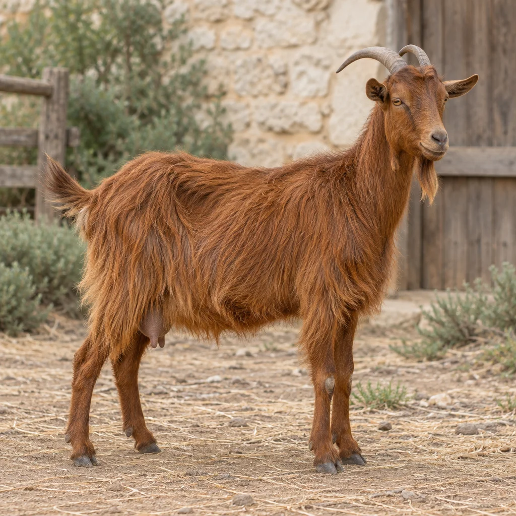 Chèvre à longs poils brun roux, avec des cornes recourbées et une barbe, visible en entier dans une cour de ferme.