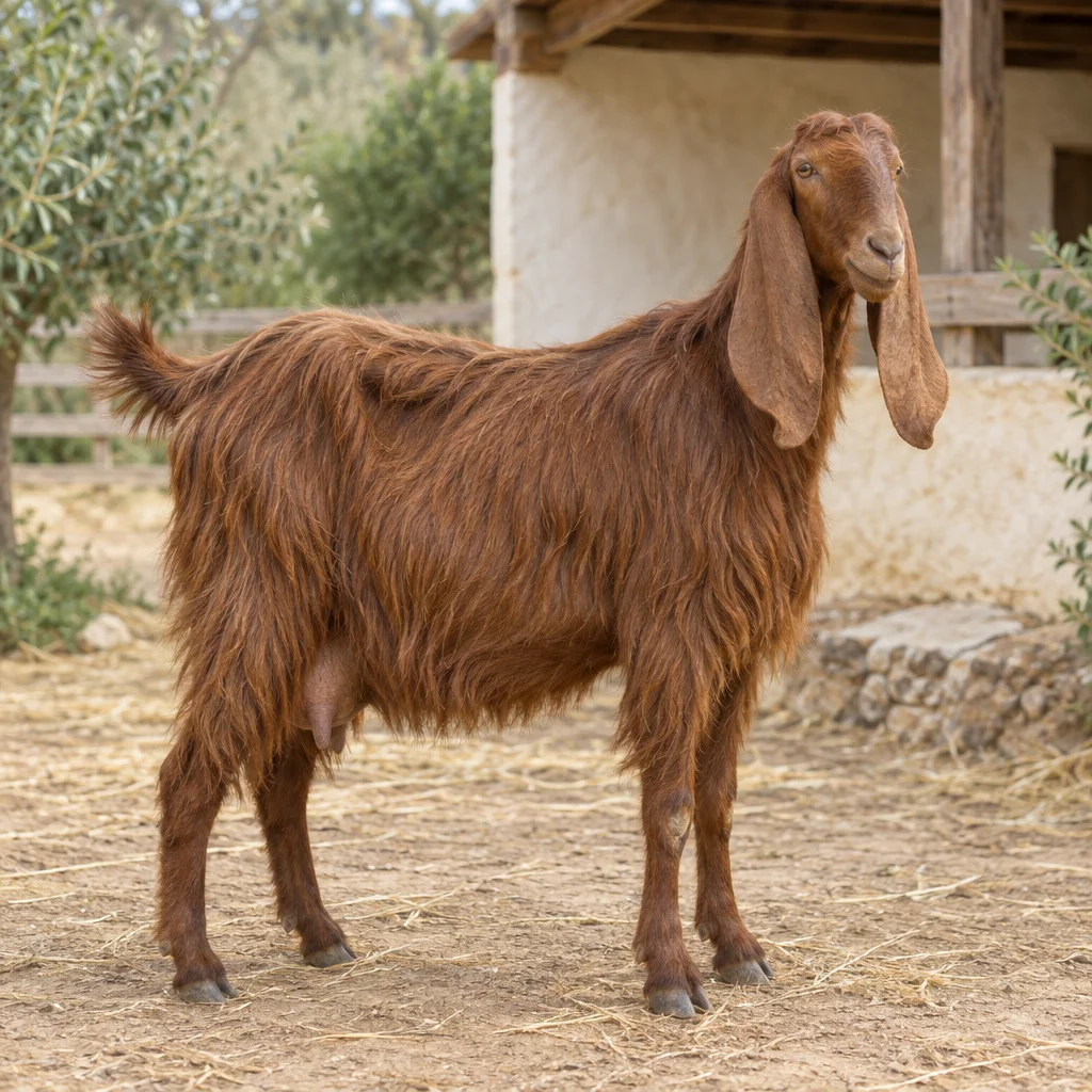 Une chèvre brun roux à poil long et aux longues oreilles pendantes se tient dans une cour près d’une étable claire, ses quatre sabots visibles.