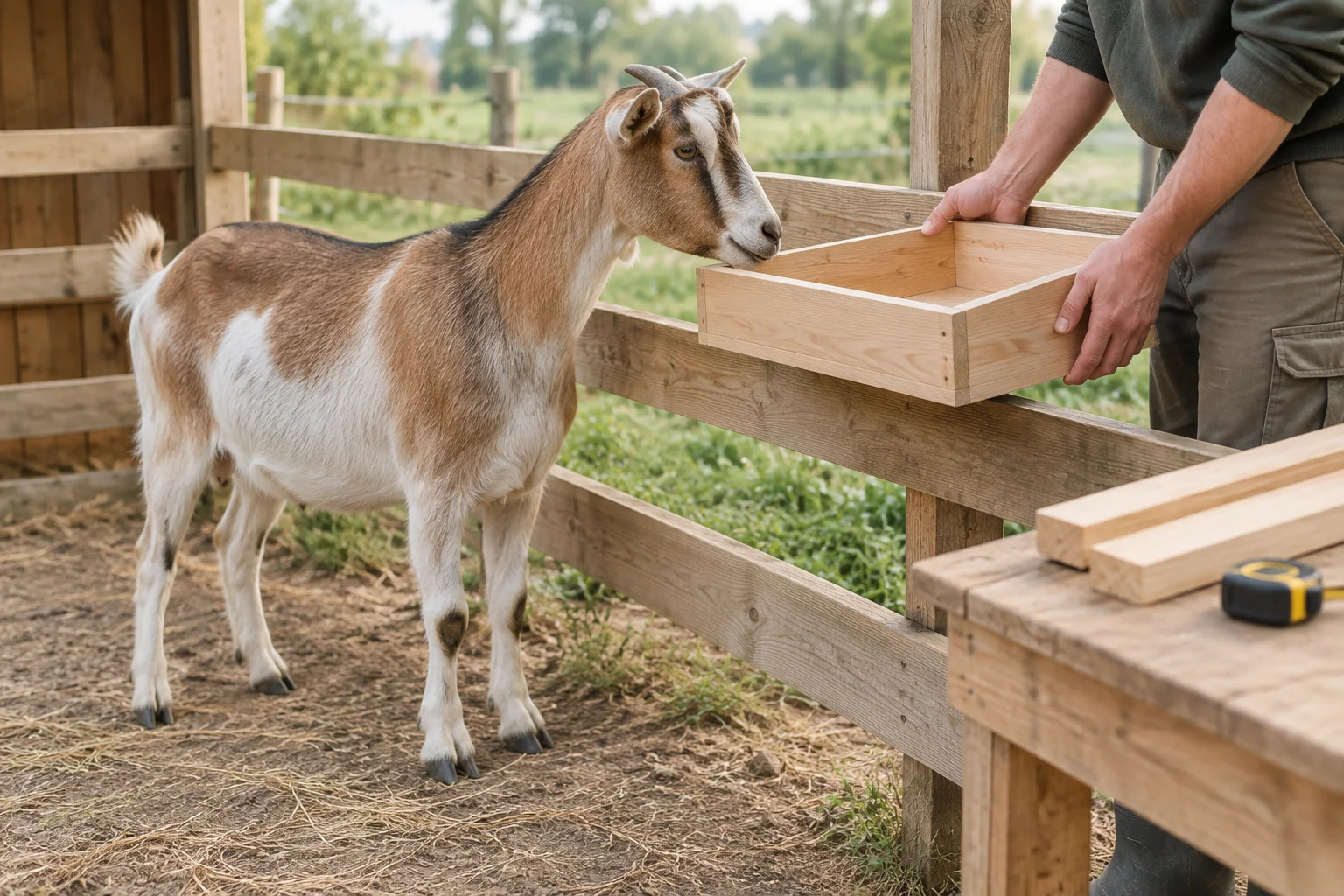 Une chèvre se tient près d’une clôture en bois tandis qu’une personne maintient une mangeoire en bois vide à sa portée. Des planches et un mètre ruban enroulé sont posés sur un établi.