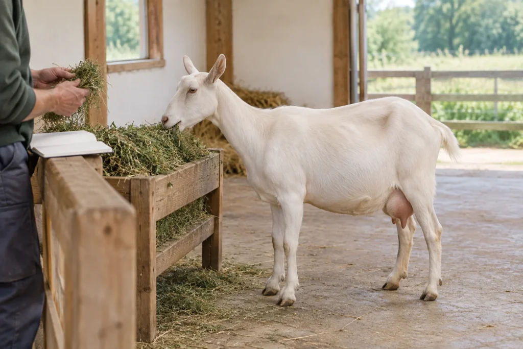 Une chèvre laitière blanche se tient près d’une mangeoire en bois remplie de foin, tandis qu’une personne examine une poignée de foin à côté d’un cahier ouvert.