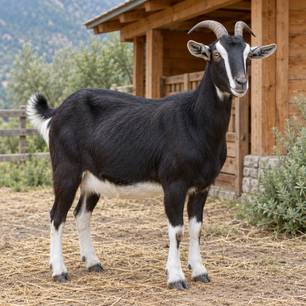 Chèvre noire avec des bandes blanches sur la tête, le bas des pattes blanc et des cornes recourbées, devant une étable en bois.