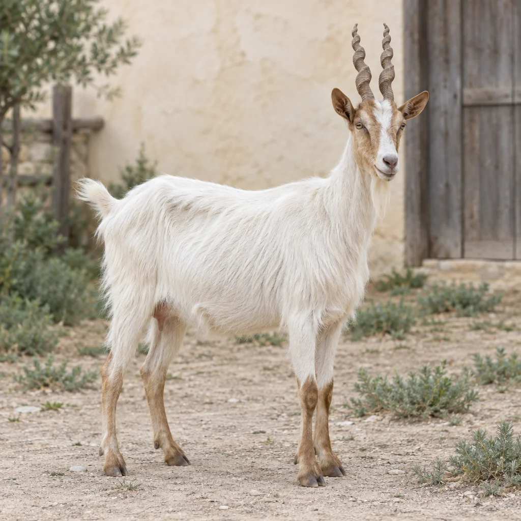 Chèvre blanche à la tête brun clair, avec deux cornes en spirale dressées, dans une cour de ferme.