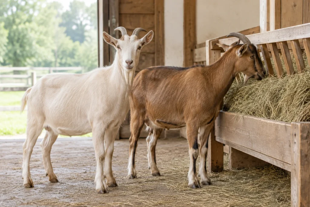 Deux chèvres dans une étable ; une chèvre brune mange du foin dans une mangeoire.