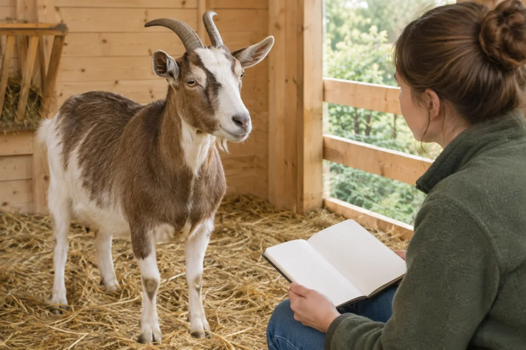 Une chèvre se tient sur de la paille dans un bâtiment en bois, tandis qu’une personne munie d’un carnet vierge l’observe.
