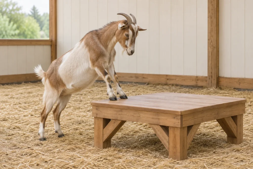 Chèvre brune et blanche, les sabots avant posés sur une plateforme basse en bois dans un enclos paillé.