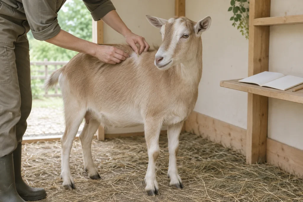 Une personne écarte doucement les poils sur le dos d’une chèvre. À côté de la chèvre, un carnet ouvert et vierge repose sur une planche en bois.