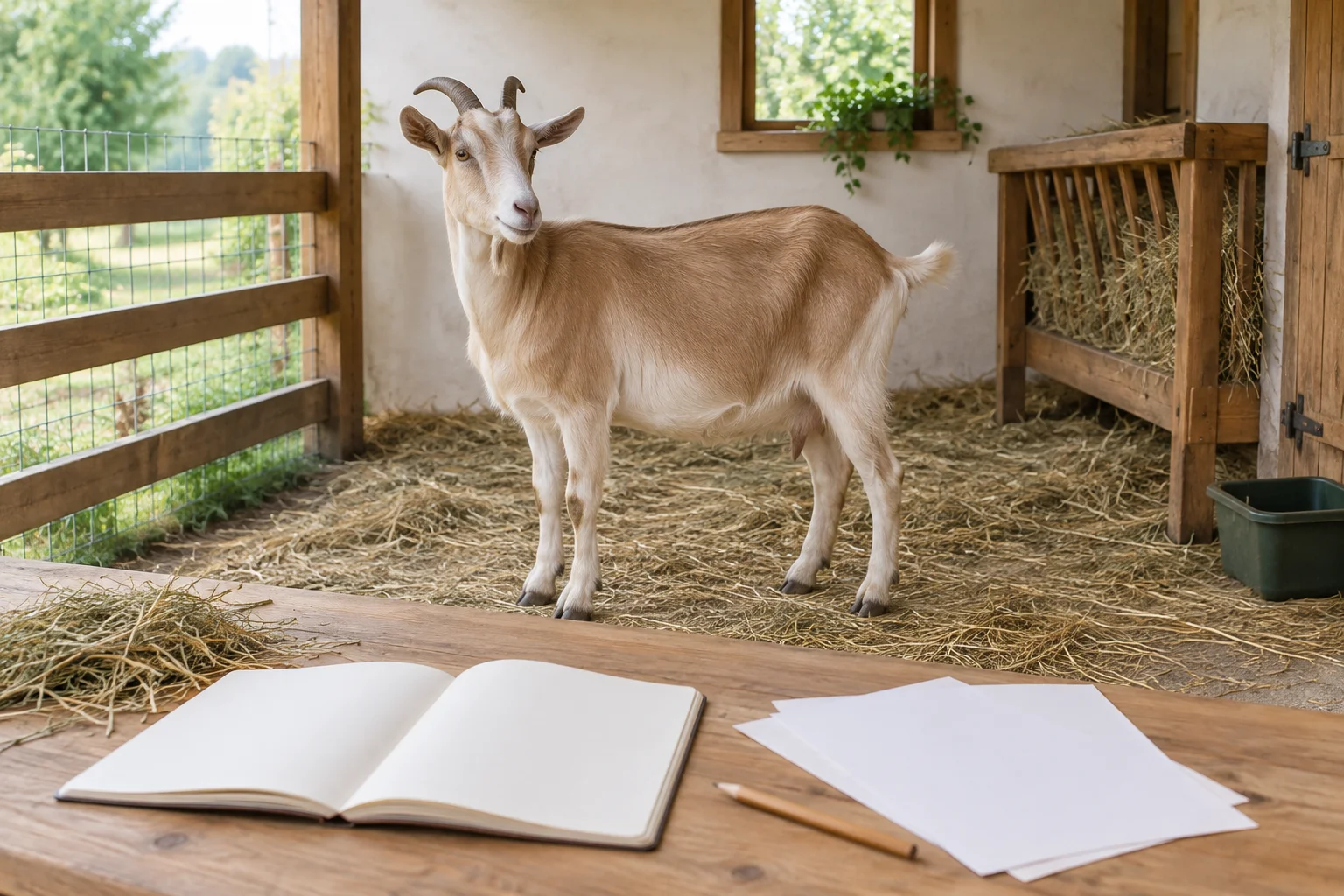 Une chèvre brun clair se tient dans un bâtiment d’élevage, derrière une table en bois où se trouvent un carnet vierge, des feuilles volantes et un crayon.
