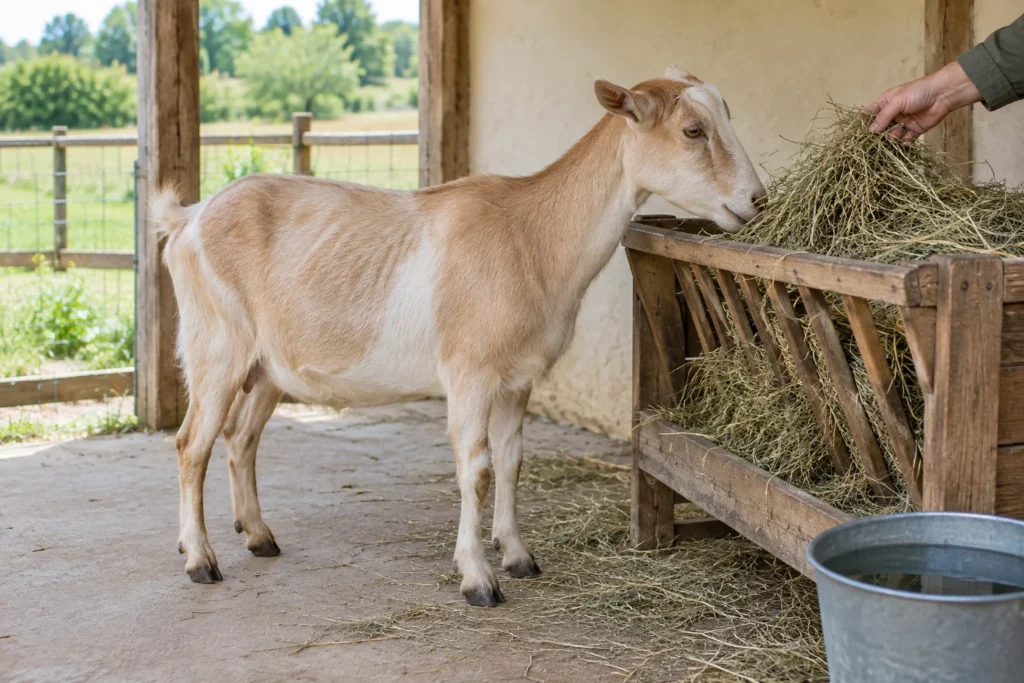 Une chèvre brun clair se tient près d’un râtelier en bois rempli de foin. Une main tient du foin et un seau d’eau se trouve à côté du râtelier.