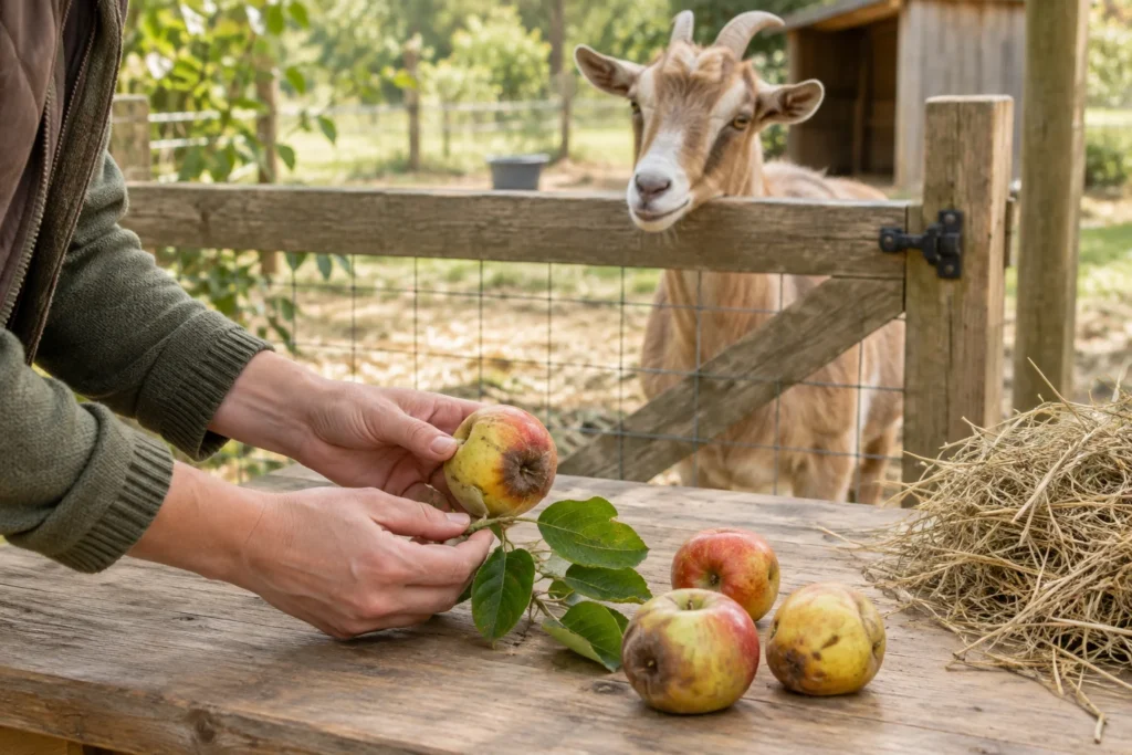 Des mains examinent une pomme et des feuilles sur une table en bois, avec d’autres pommes et du foin. Une chèvre se tient derrière une clôture.