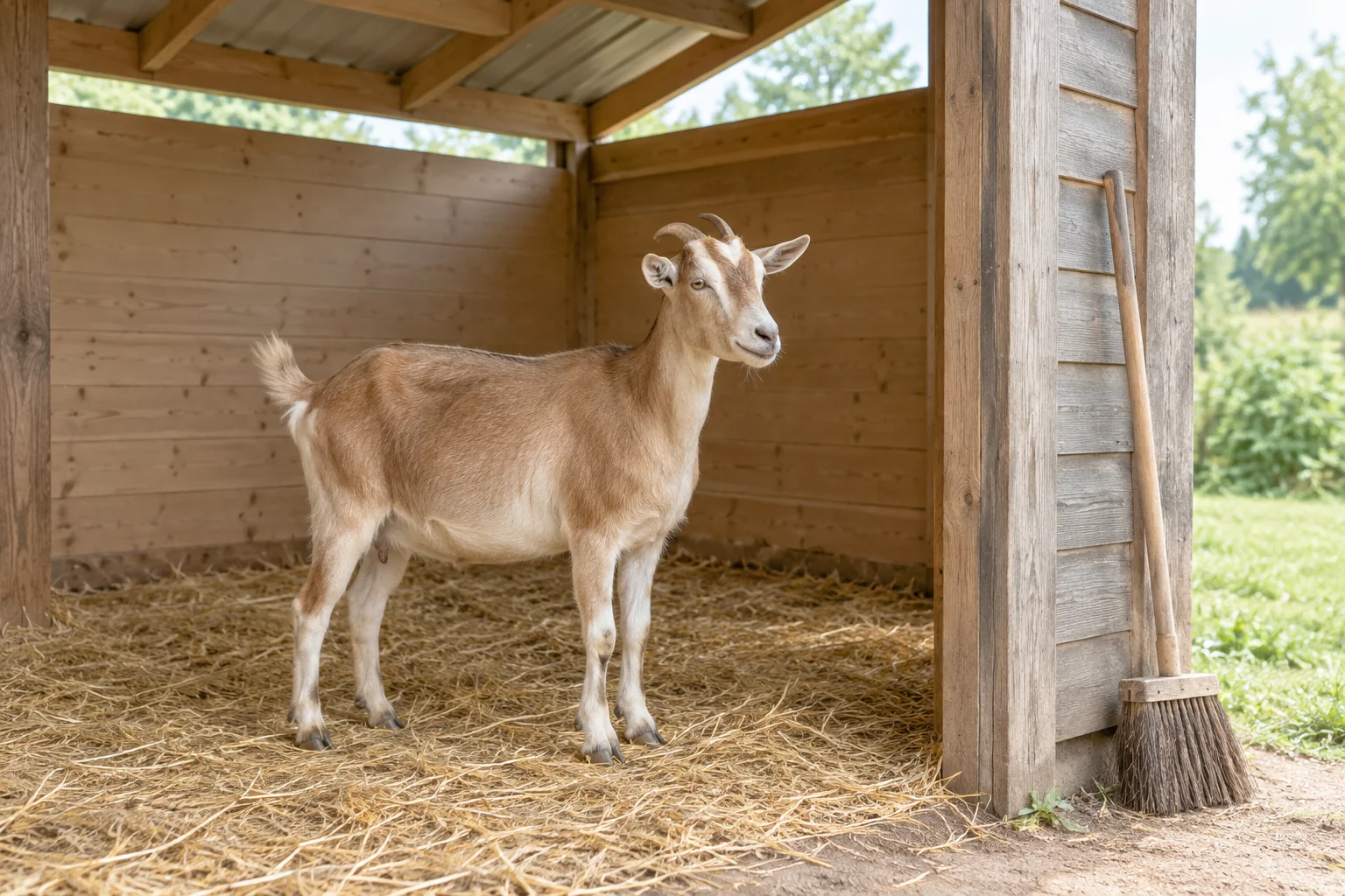 Une chèvre brune se tient sur de la paille dans un abri en bois. Un balai se trouve dehors, près de l’ouverture.