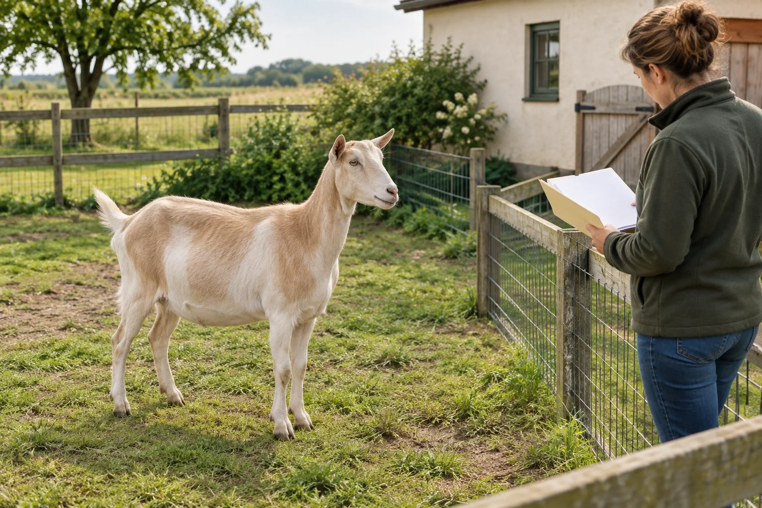 Une chèvre brun clair se tient dans une prairie clôturée tandis qu’une personne près de la barrière regarde des feuilles de papier vierges.