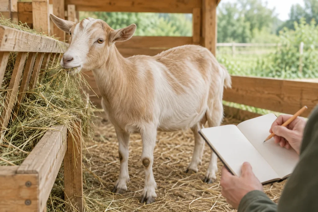 Une chèvre mange du foin dans une mangeoire en bois. Au premier plan, une personne tient un carnet vierge et un crayon.