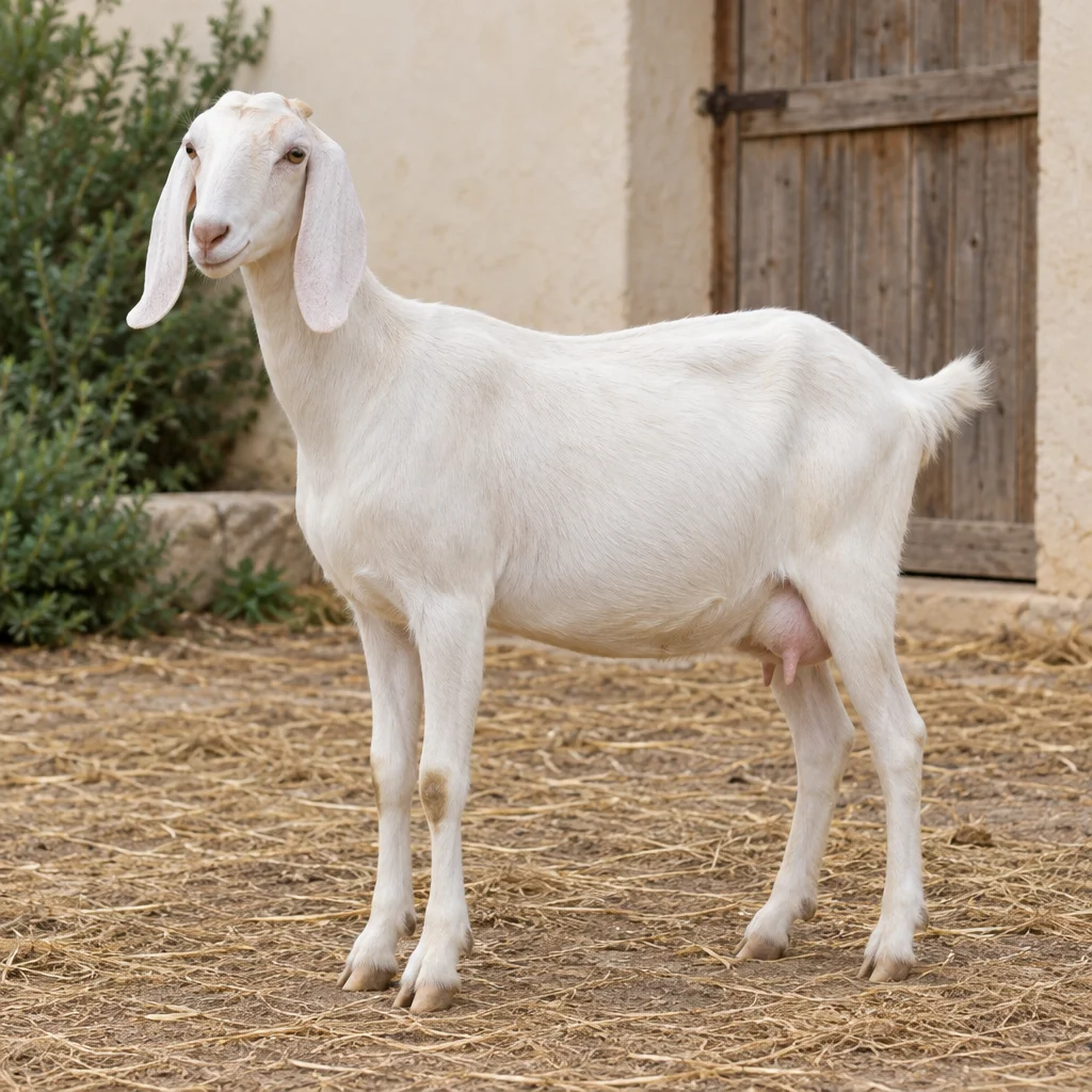 Chèvre blanche aux longues oreilles tombantes dans une cour, devant une porte en bois, avec ses quatre sabots visibles.