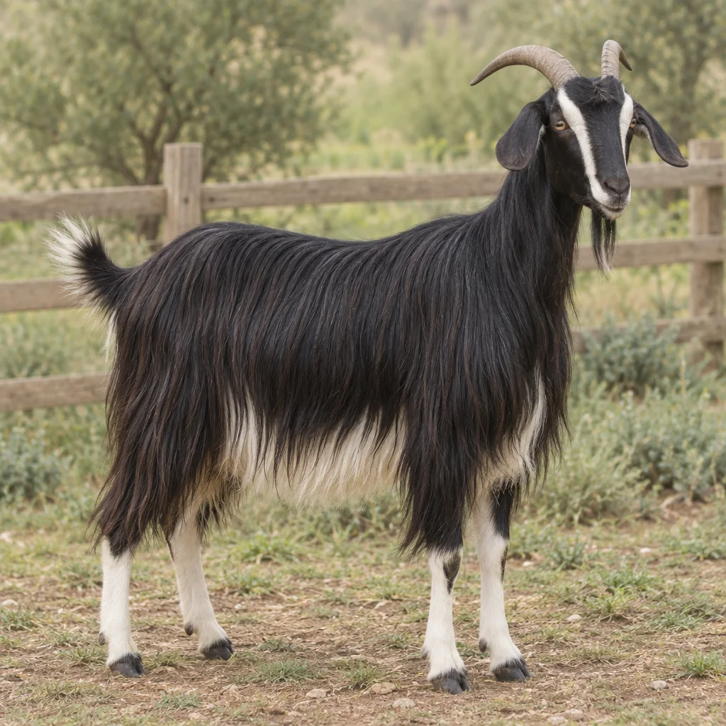 Illustration d'une chèvre Nicastrese noire à poil long, au ventre et aux pattes blancs, avec des bandes blanches sur la tête, près d'une clôture en bois.