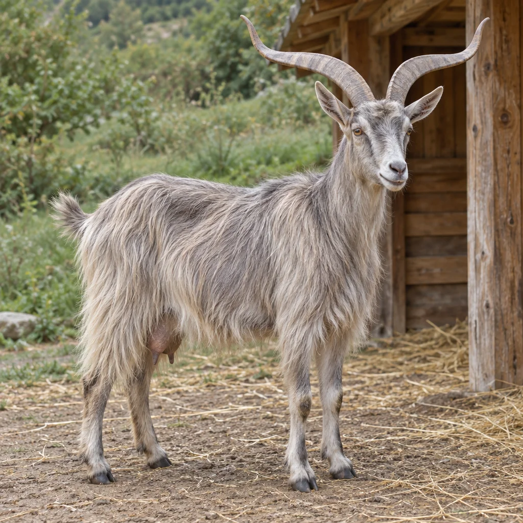 Une chèvre grise au pelage long et aux grandes cornes recourbées sur les côtés se tient sur une propriété près d’une grange en bois.
