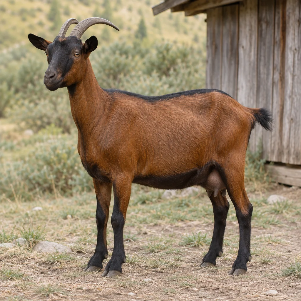 Chèvre brune avec des marques noires sur la face, une bande dorsale et des membres foncés et deux cornes, entièrement visible à côté d’une grange en bois.