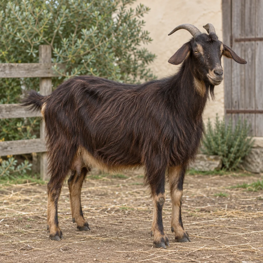 Chèvre brun foncé à poils longs, aux oreilles tombantes, avec une barbe et deux cornes, entièrement visible dans une cour avec une clôture en bois.