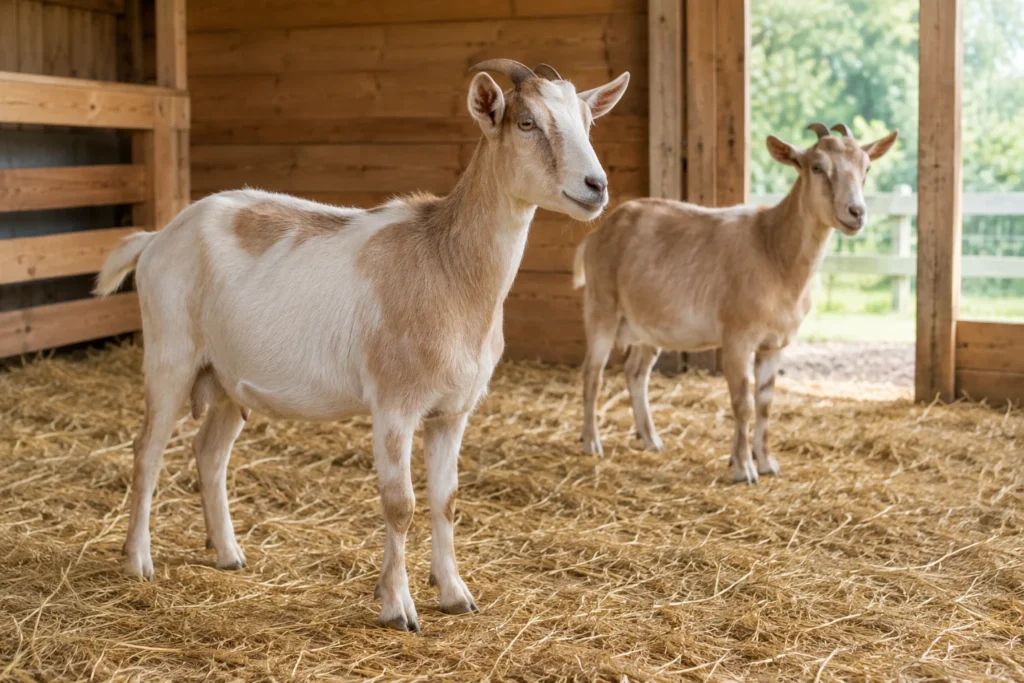 Deux chèvres se tiennent sur de la paille dans une étable en bois.