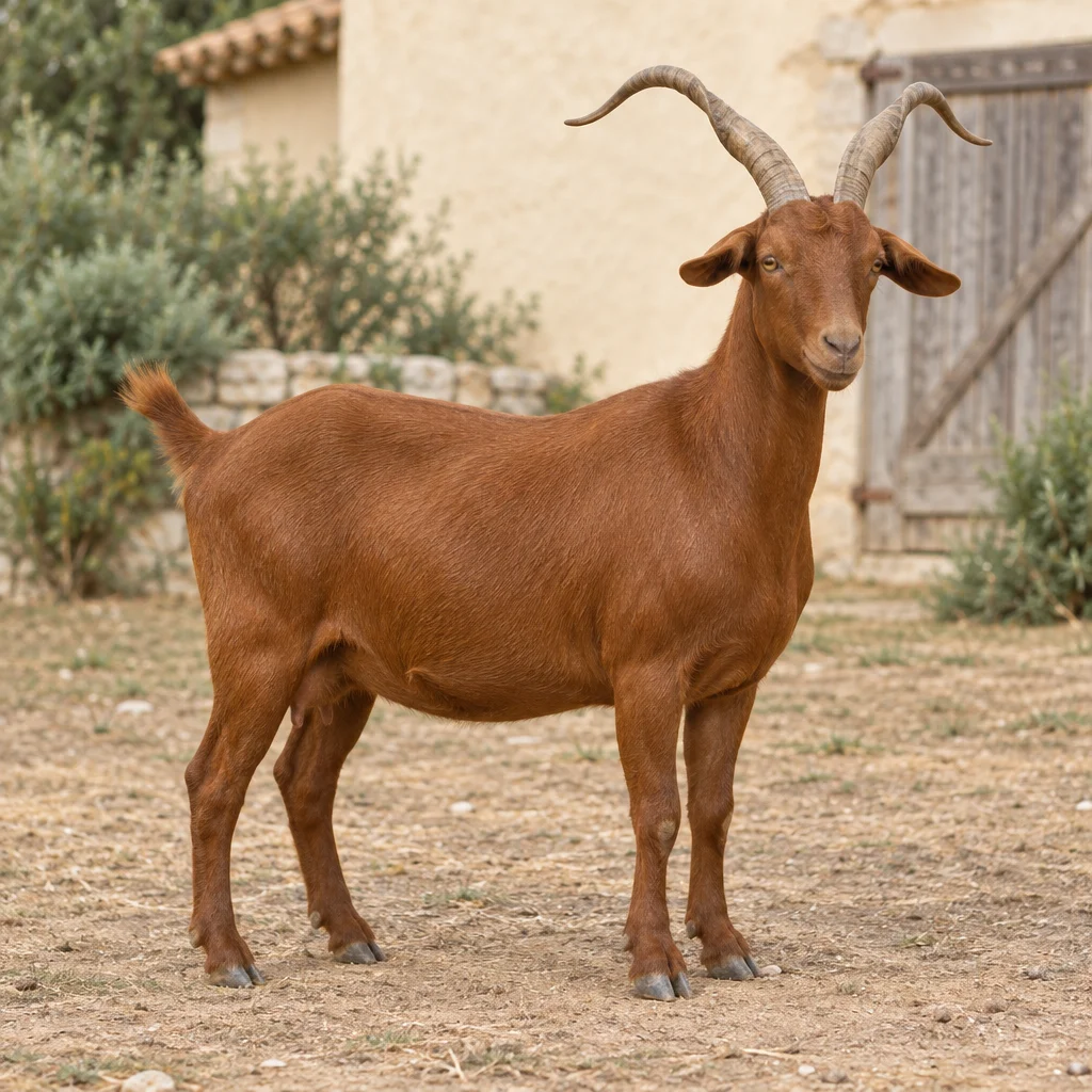 Une chèvre au pelage brun roux, dotée de grandes cornes courbées vers l’extérieur, est entièrement visible dans une cour, devant un mur clair et un portail en bois.