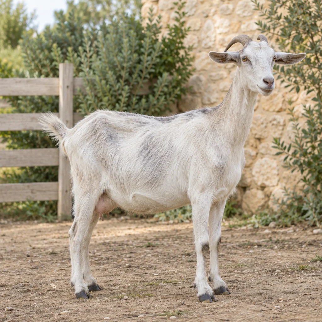 Une chèvre claire aux touches de gris et aux cornes recourbées, visible en entier dans une cour, devant une clôture en bois et un mur de pierre.