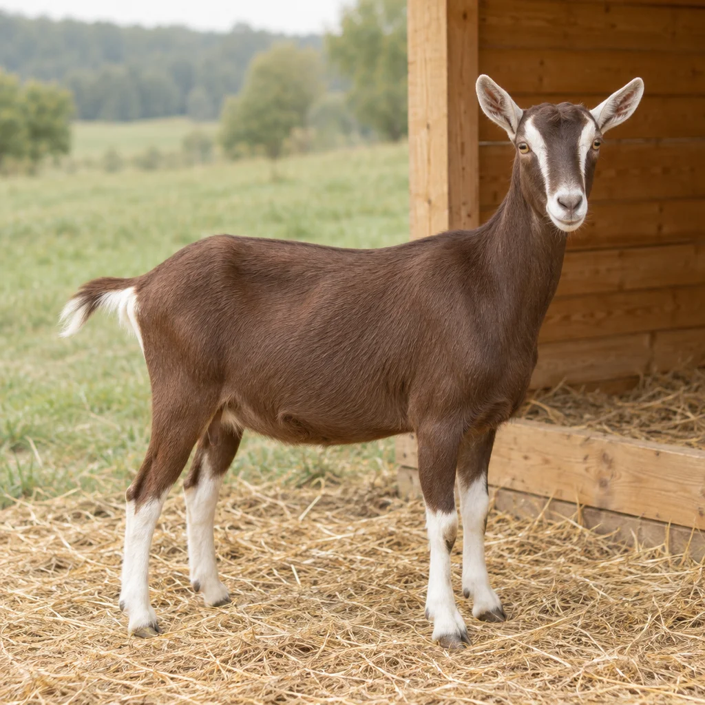 Une chèvre brune aux bandes blanches sur la tête et au bas des pattes blanc se tient sur de la paille à côté d’un abri en bois.
