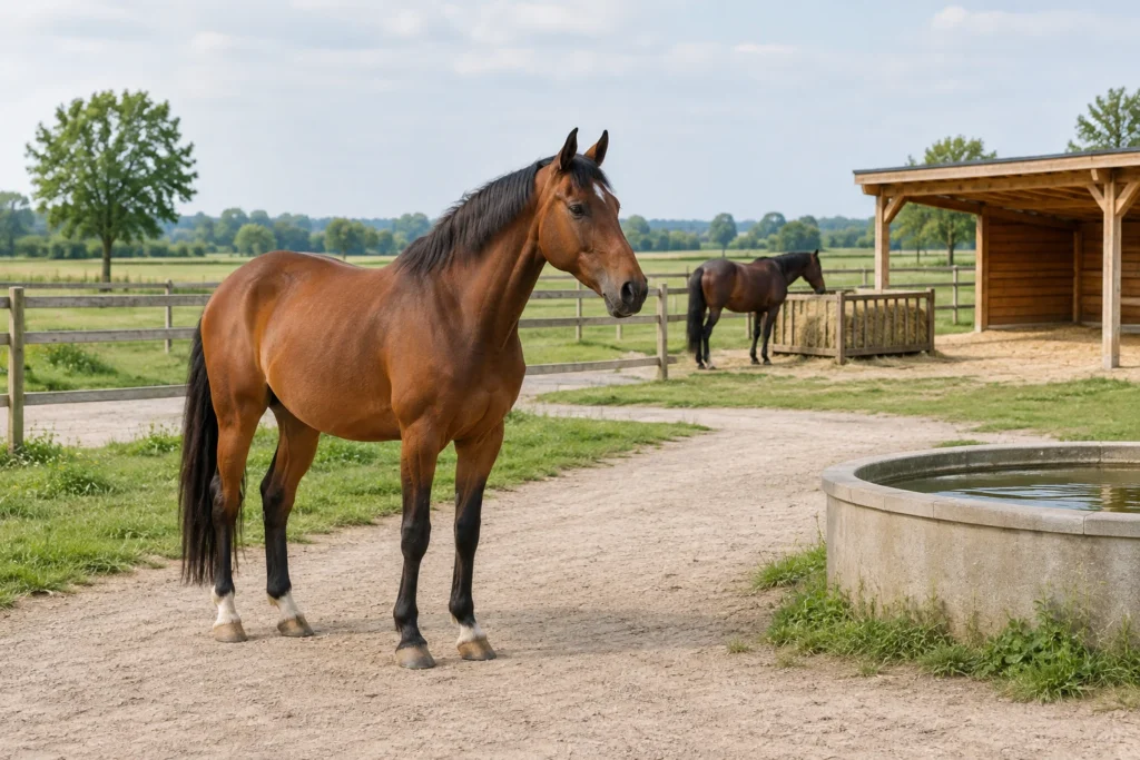 Cheval brun sur un chemin à côté d’un abreuvoir, avec un deuxième cheval près du foin et un abri ouvert en bois au fond de l’image.