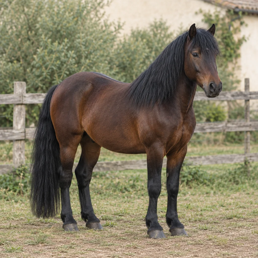 Un cheval bai foncé à la crinière et à la queue noires se tient devant une clôture en bois, ses quatre sabots visibles.