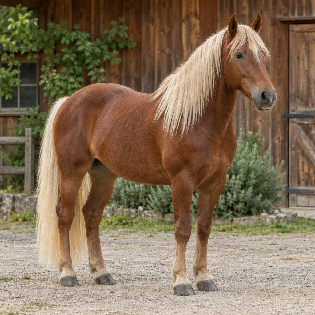 Cheval alezan brun à la crinière et à la queue claires, debout devant une écurie en bois, ses quatre sabots visibles.