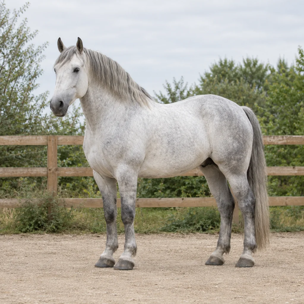 Grand cheval gris clair, dont les quatre sabots sont visibles, debout sur un sol sablonneux devant une clôture en bois.