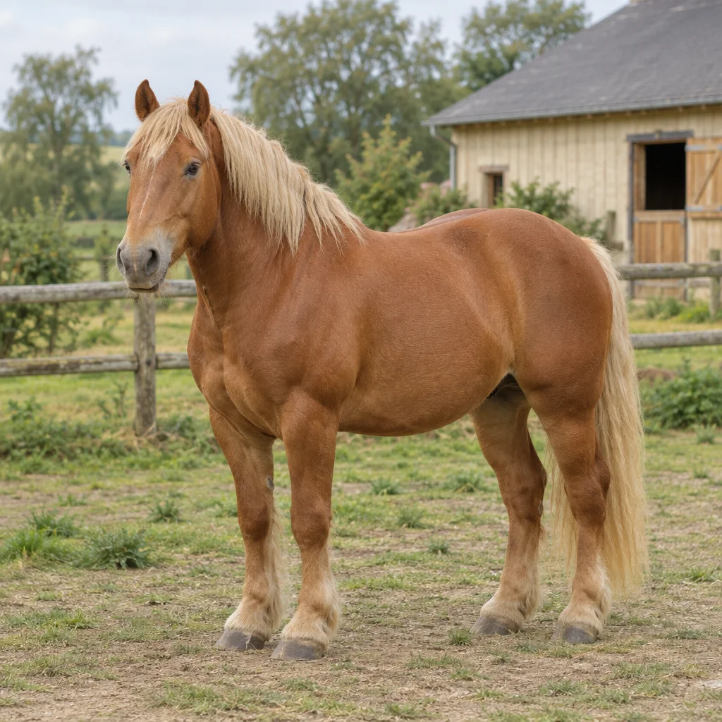 Cheval de trait bai aux crins clairs, debout dans un pré clôturé près d’une écurie en bois.