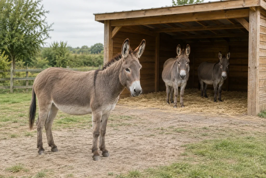 Trois ânes près d’un abri ouvert en bois ; l’un se tient devant et les deux autres sont à l’intérieur, sur de la paille.