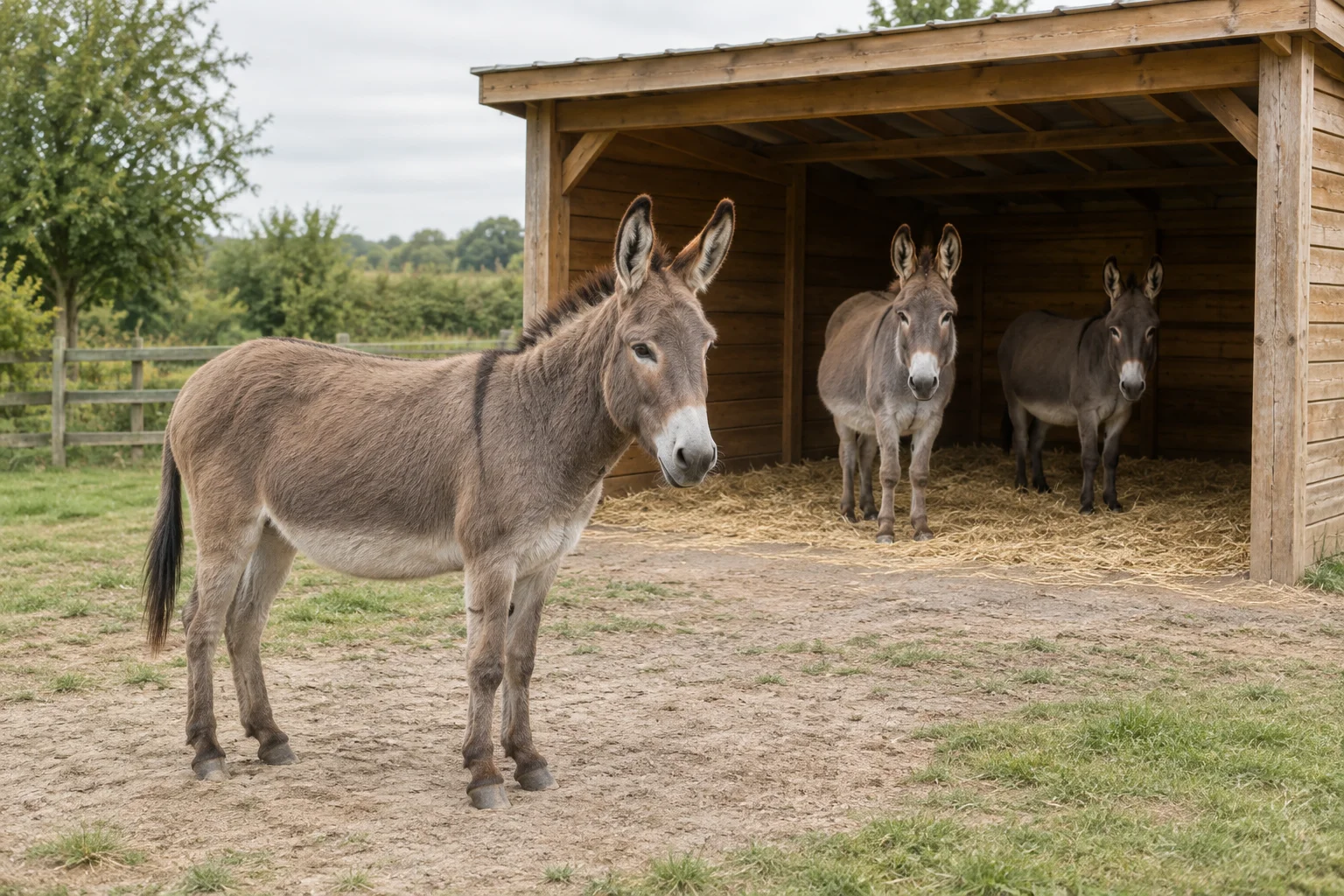 Trois ânes près d’un abri ouvert en bois ; l’un se tient devant et les deux autres sont à l’intérieur, sur de la paille.