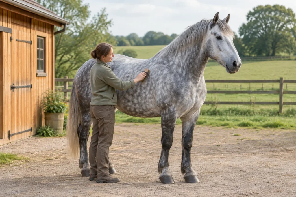 Une femme brosse un grand cheval de trait gris pommelé dans une cour, à côté d’une écurie en bois et d’un pré clôturé.