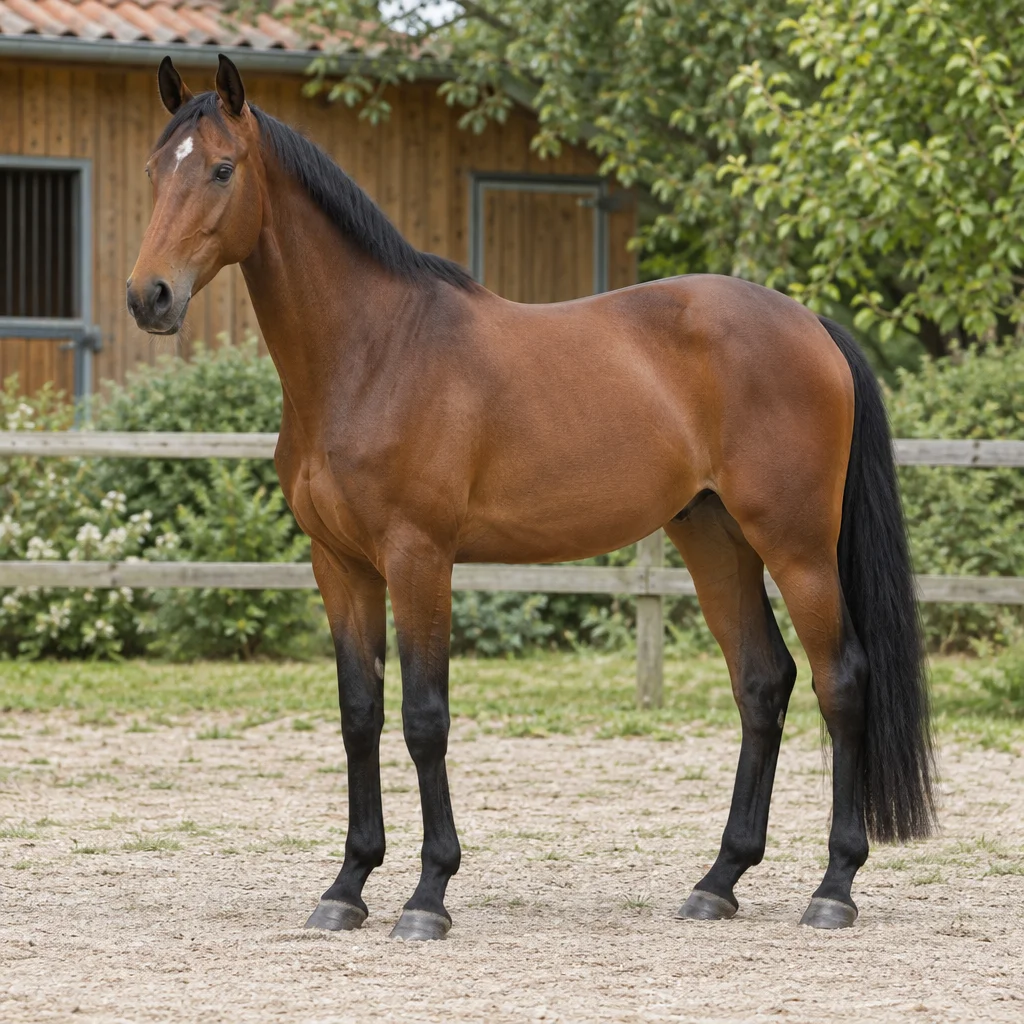 Cheval bai aux crins et au bas des membres noirs, debout près d'une écurie en bois et d'une clôture, avec ses quatre sabots visibles.