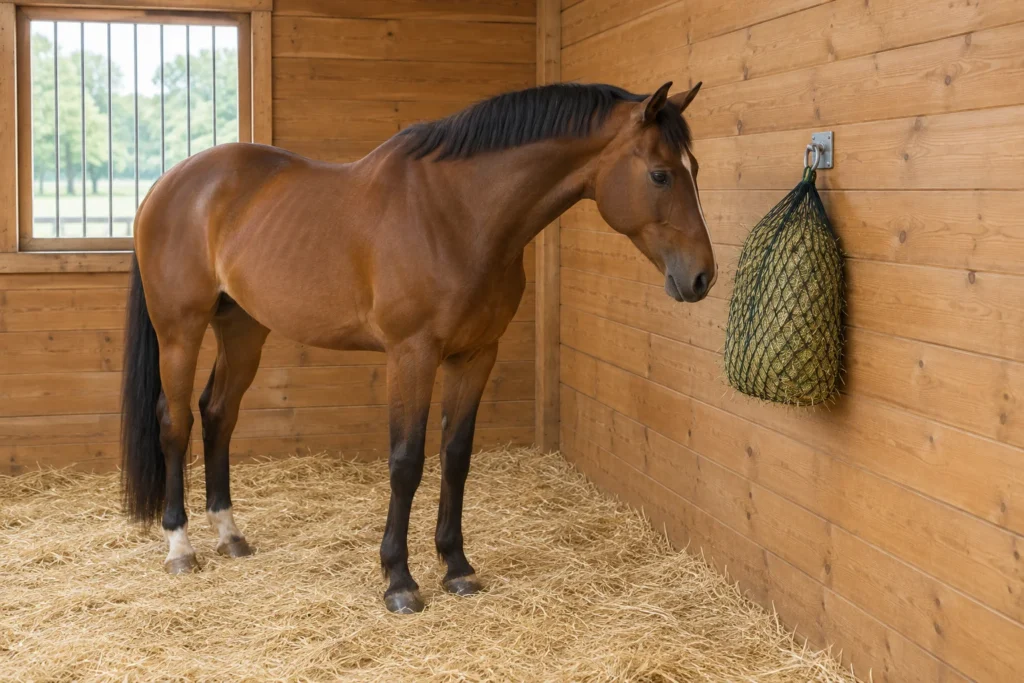 Cheval brun dans un box, près d’un filet à foin rempli de foin et fixé à la paroi.