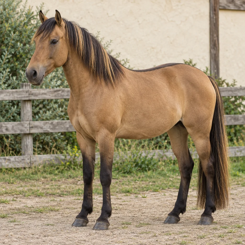 Illustration d’un cheval brun sable aux membres foncés, à la crinière noire et dorée et à la raie foncée sur le dos, près d’une clôture en bois.